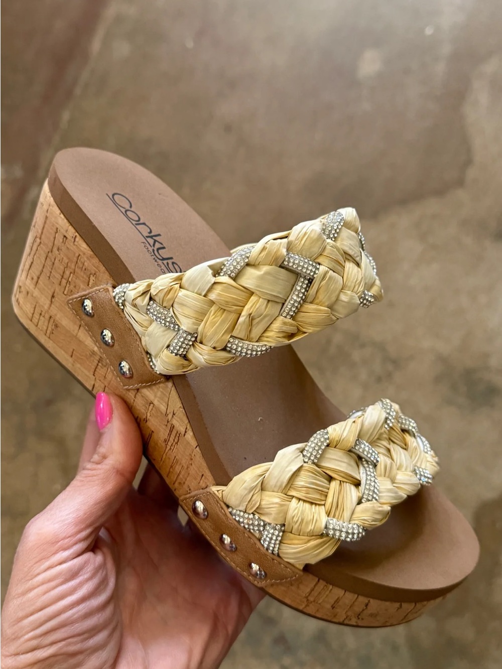 Corkys Natural Braided Raffia Wedge Sandal with metallic gold and silver Accents